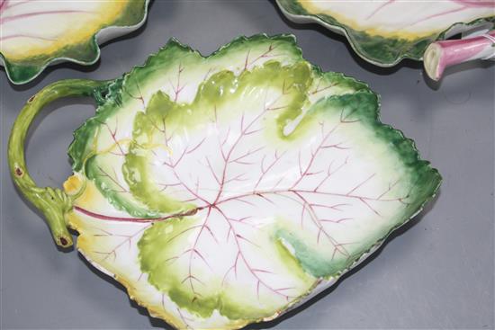 Three Chelsea red anchor leaf dishes, c.1755, 24 and 23.5cm long